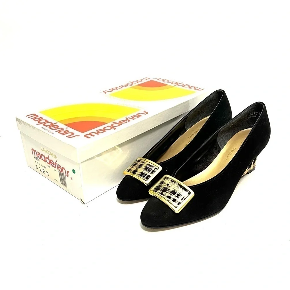 Vintage 1970s black suede oversize buckle gold painted wedge heels
